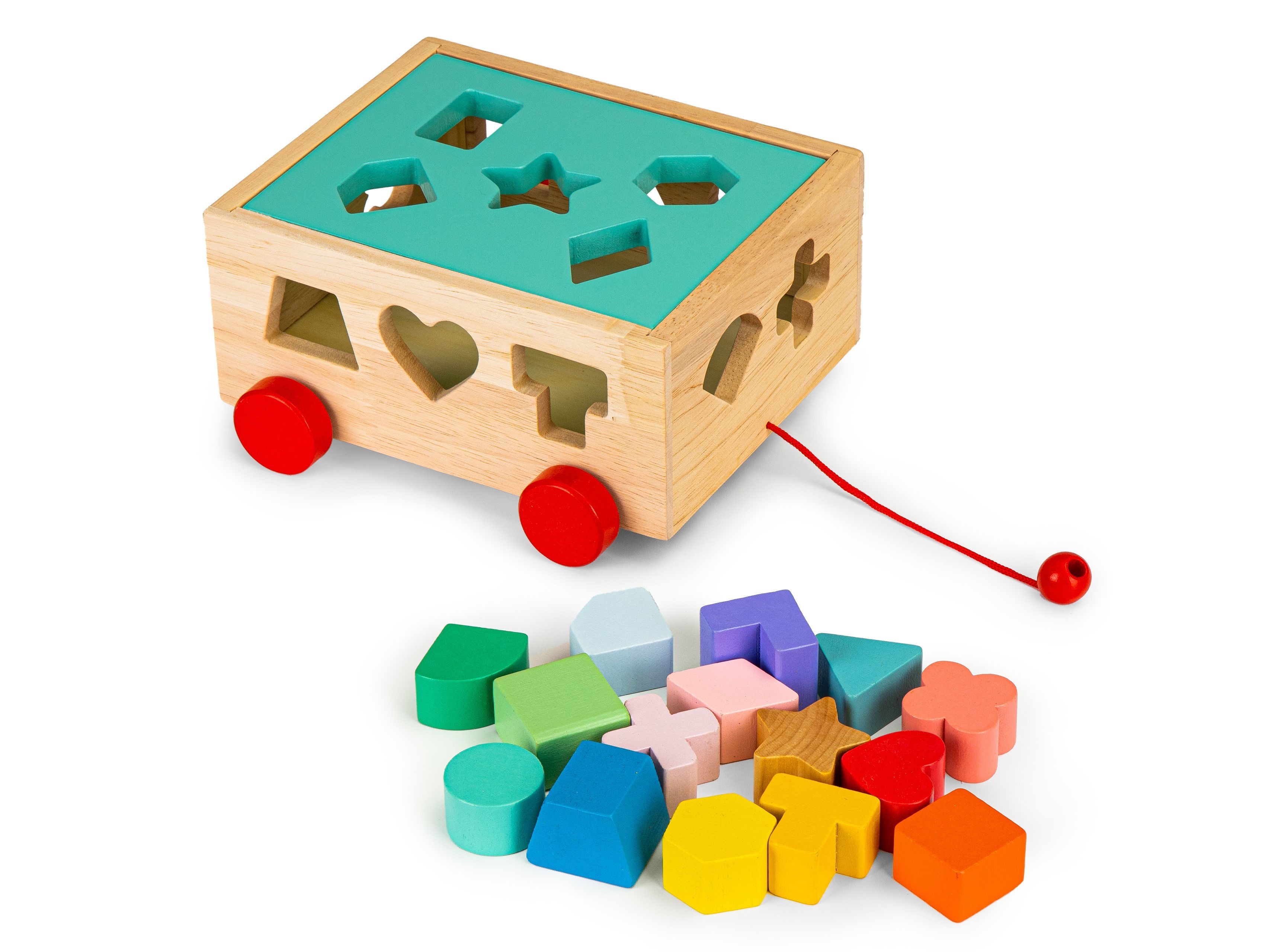 Cărucior de sortare din lemn cu blocuri - cub educativ pentru copii